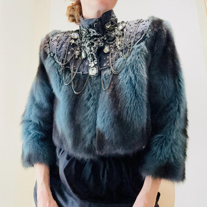 2000s Vintage Zac Posen Blue Black Mink Fur Jacket Rhinestones Chains Winter Wedding// Vintage Fur Cropped Jacket Metal Rhinestone Trim