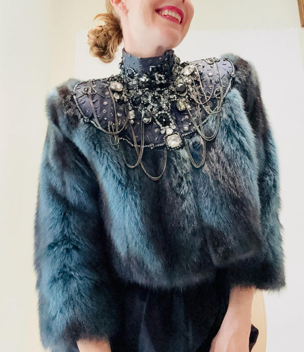 2000s Vintage Zac Posen Blue Black Mink Fur Jacket Rhinestones Chains Winter Wedding// Vintage Fur Cropped Jacket Metal Rhinestone Trim