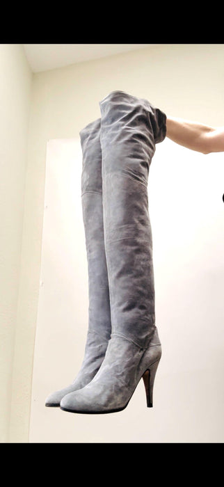 80s Vintage Grey Thigh High Leather High Heel Boots Vintage Leather Boots 7 1/2 Two Lips Leopard Print 80s High Heel Boots by Marmolada