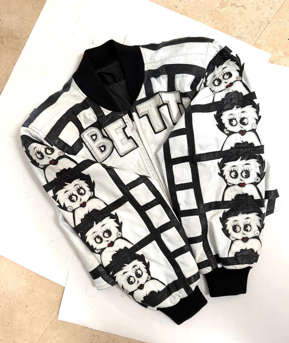 80s 90s Vintage Leather Jacket with Betty Boop Vintage White Leather Bomber Jacket with Betty Boop Comics Black and White Small Medium
