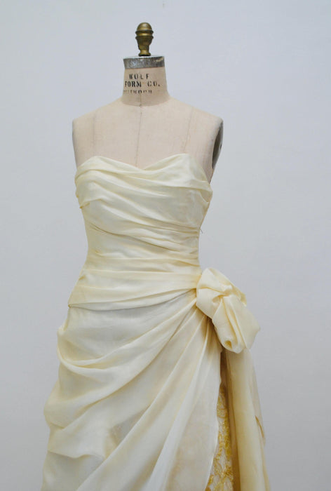 Vintage Strapless Ball Gown Dress Cream Gold Silk Evening Wedding Dress Designer Gown Silk Cream Bustier Paul-Louis Orrier Paris Small