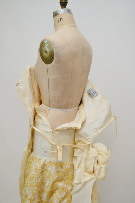 Vintage Strapless Ball Gown Dress Cream Gold Silk Evening Wedding Dress Designer Gown Silk Cream Bustier Paul-Louis Orrier Paris Small