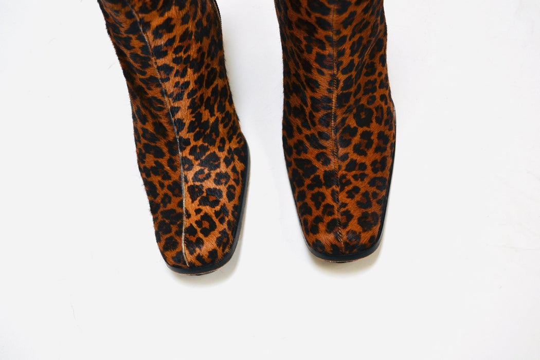 Vintage 2000s High Heel Boots size 8 Leopard Animal Print Fur Pony Hair High Heel Boots Booties Size 8 Bebe Cropped High Heel boots