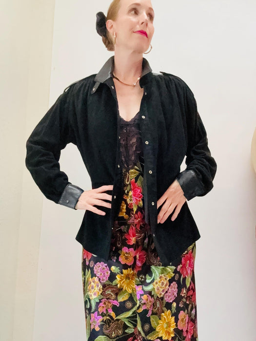 90s Vintage Black Leather Button Down Shirt Long Sleeve Black Suede Top Blouse Top Medium Large Black Large Top
