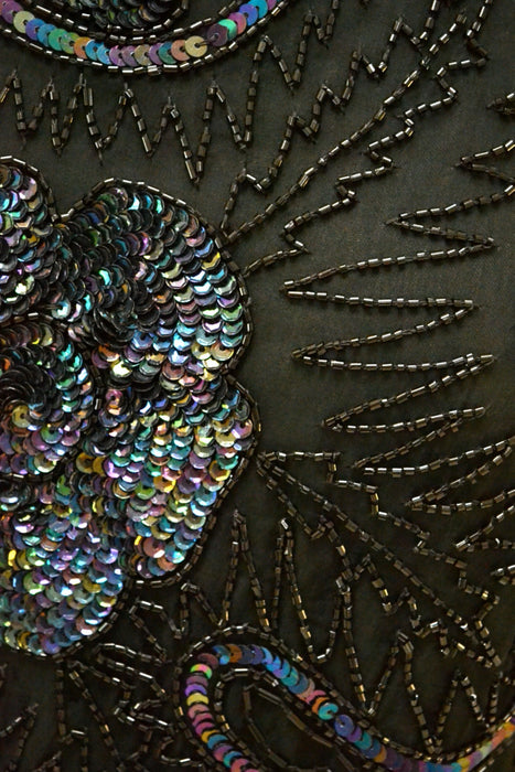 Vintage Black Sequin Shirt Top Medium// Vintage Black Beaded Shirt size Medium Metallic Flapper Art Deco Inspired flower POwer Long sleeves