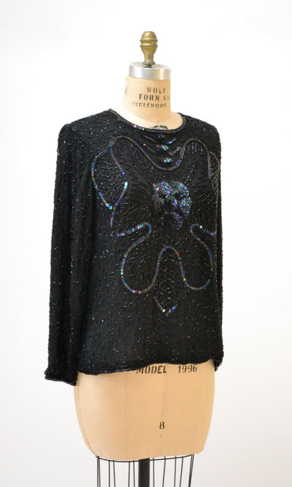 Vintage Black Sequin Shirt Top Medium// Vintage Black Beaded Shirt size Medium Metallic Flapper Art Deco Inspired flower POwer Long sleeves
