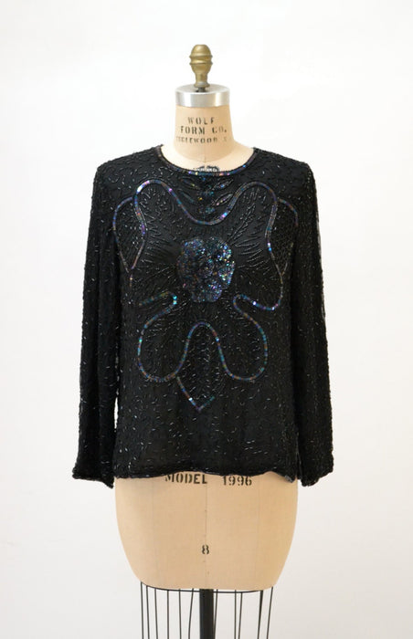 Vintage Black Sequin Shirt Top Medium// Vintage Black Beaded Shirt size Medium Metallic Flapper Art Deco Inspired flower POwer Long sleeves