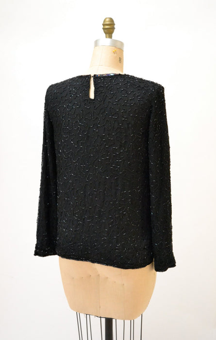 Vintage Black Sequin Shirt Top Medium// Vintage Black Beaded Shirt size Medium Metallic Flapper Art Deco Inspired flower POwer Long sleeves