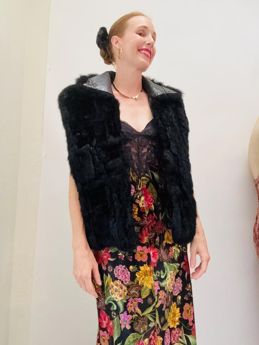Vintage Black Fur Vest Black Dyed Fur Leather Vest // Vintage Black Fur Jacket Vest Medium Opossum Fur Leather Jacket Vest medium