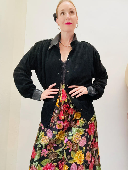 90s Vintage Black Leather Button Down Shirt Long Sleeve Black Suede Top Blouse Top Medium Large Black Large Top