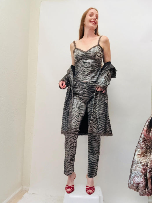 90s Betsey Johnson 3 Piece Suit With Jacket Cami Tank Top and Pants Suit Zebra Animal Snake print Medium Large 90s Punk Rock Suit Black Grey