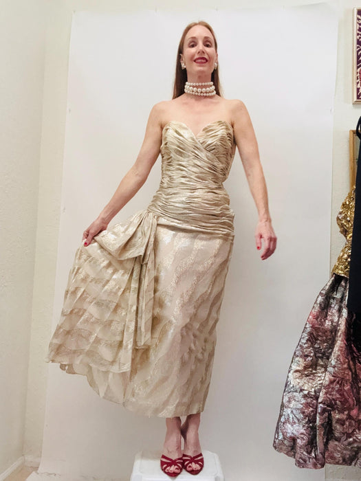 Vintage Victor Costa Gold Evening gown Silk Cream Vintage Metallic Evening Gown Medium// 80s Vintage Wedding Dress Metallic Gown Gold Cream