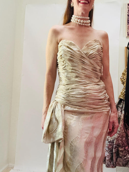 Vintage Victor Costa Gold Evening gown Silk Cream Vintage Metallic Evening Gown Medium// 80s Vintage Wedding Dress Metallic Gown Gold Cream