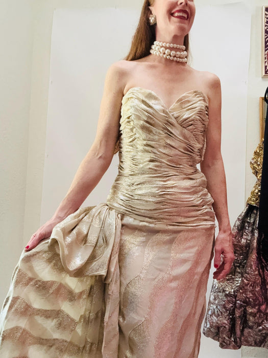 Vintage Victor Costa Gold Evening gown Silk Cream Vintage Metallic Evening Gown Medium// 80s Vintage Wedding Dress Metallic Gown Gold Cream