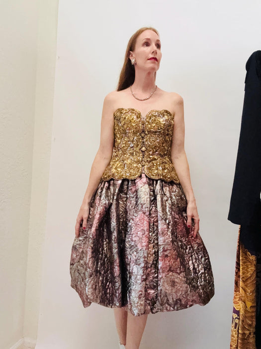 80s Vintage Metallic Gold Brocade Strapless Dress and Jacket Medium Large Gold party Dress Rose Taft Couture// Vintage Strapless Party Dress