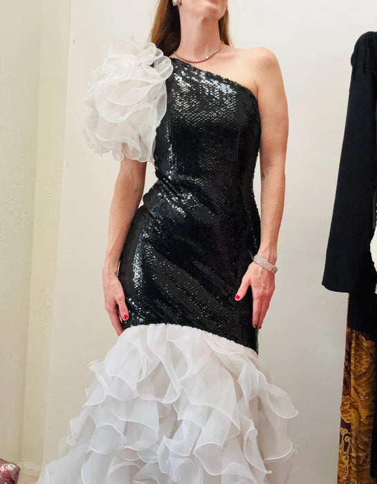 80s Vintage Black Sequin Evening Gown Dress Lillie rubin White BLack Ruffle FLamenco 80s Party Asymmetrical Dress Goddess Black Sequin Dress