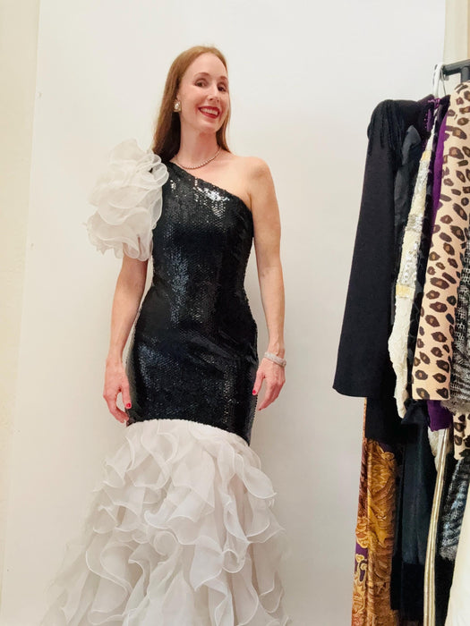 80s Vintage Black Sequin Evening Gown Dress Lillie rubin White BLack Ruffle FLamenco 80s Party Asymmetrical Dress Goddess Black Sequin Dress