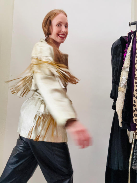 80s 90s Amazing Vintage Faded Gold Silver Fringe Leather Biker Jacket Cowgirl Western Jacket Medium// Metallic Leather Moto Jacket Rodeo