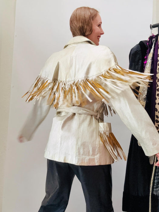 80s 90s Amazing Vintage Faded Gold Silver Fringe Leather Biker Jacket Cowgirl Western Jacket Medium// Metallic Leather Moto Jacket Rodeo