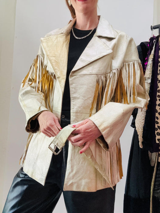 80s 90s Amazing Vintage Faded Gold Silver Fringe Leather Biker Jacket Cowgirl Western Jacket Medium// Metallic Leather Moto Jacket Rodeo
