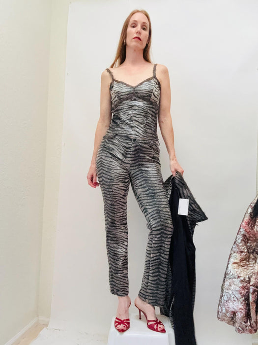 90s Betsey Johnson 3 Piece Suit With Jacket Cami Tank Top and Pants Suit Zebra Animal Snake print Medium Large 90s Punk Rock Suit Black Grey