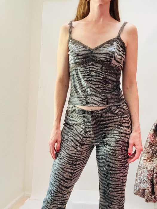 90s Betsey Johnson 3 Piece Suit With Jacket Cami Tank Top and Pants Suit Zebra Animal Snake print Medium Large 90s Punk Rock Suit Black Grey