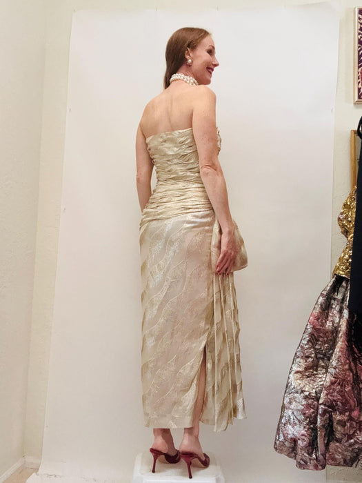 Vintage Victor Costa Gold Evening gown Silk Cream Vintage Metallic Evening Gown Medium// 80s Vintage Wedding Dress Metallic Gown Gold Cream