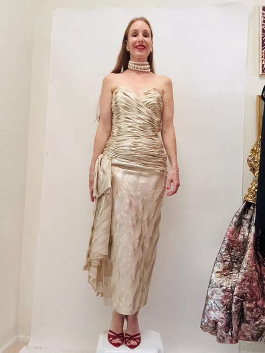 Vintage Victor Costa Gold Evening gown Silk Cream Vintage Metallic Evening Gown Medium// 80s Vintage Wedding Dress Metallic Gown Gold Cream