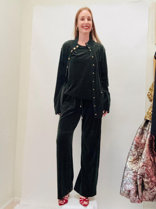 Vintage 90s Green Sonia Rykiel Black Velvet Velour Track Suit Dark Green Sweat Shirt Sweatsuit Jacket Wide leg Pants Made in Paris large XL