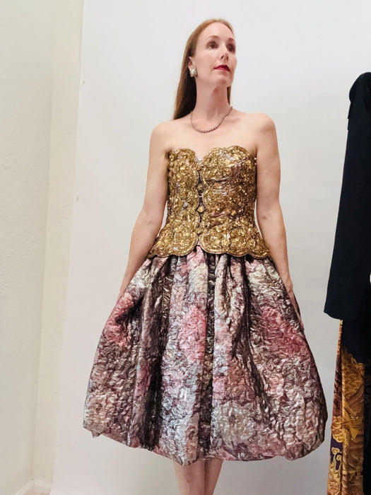 80s Vintage Metallic Gold Brocade Strapless Dress and Jacket Medium Large Gold party Dress Rose Taft Couture// Vintage Strapless Party Dress