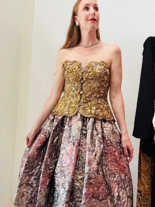 80s Vintage Metallic Gold Brocade Strapless Dress and Jacket Medium Large Gold party Dress Rose Taft Couture// Vintage Strapless Party Dress