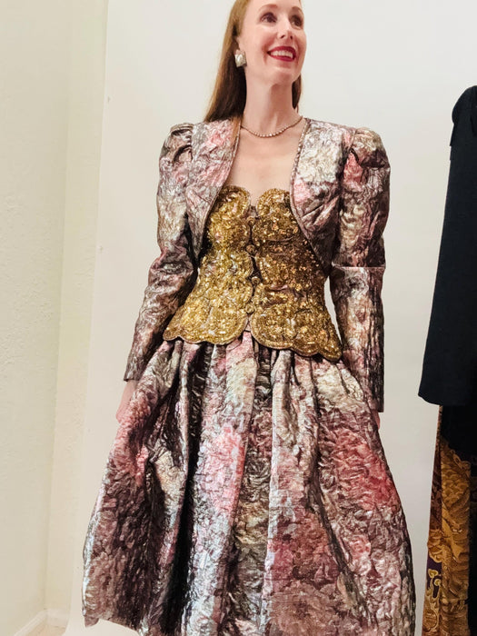 80s Vintage Metallic Gold Brocade Strapless Dress and Jacket Medium Large Gold party Dress Rose Taft Couture// Vintage Strapless Party Dress