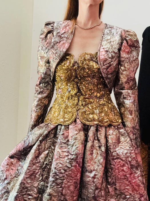 80s Vintage Metallic Gold Brocade Strapless Dress and Jacket Medium Large Gold party Dress Rose Taft Couture// Vintage Strapless Party Dress