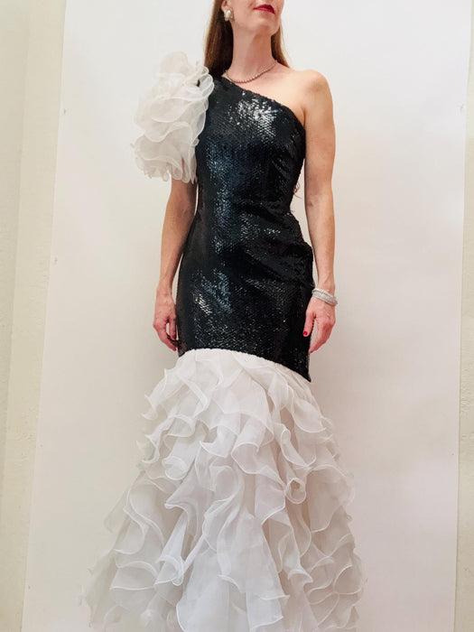 80s Vintage Black Sequin Evening Gown Dress Lillie rubin White BLack Ruffle FLamenco 80s Party Asymmetrical Dress Goddess Black Sequin Dress