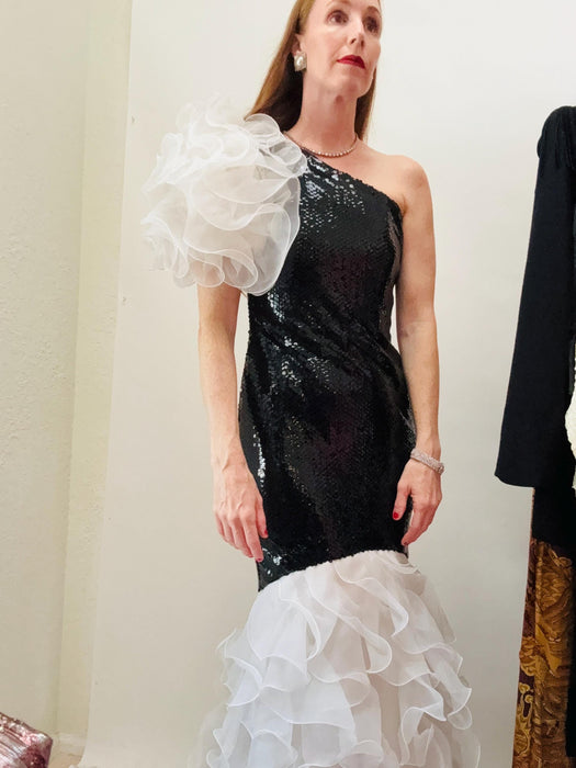 80s Vintage Black Sequin Evening Gown Dress Lillie rubin White BLack Ruffle FLamenco 80s Party Asymmetrical Dress Goddess Black Sequin Dress