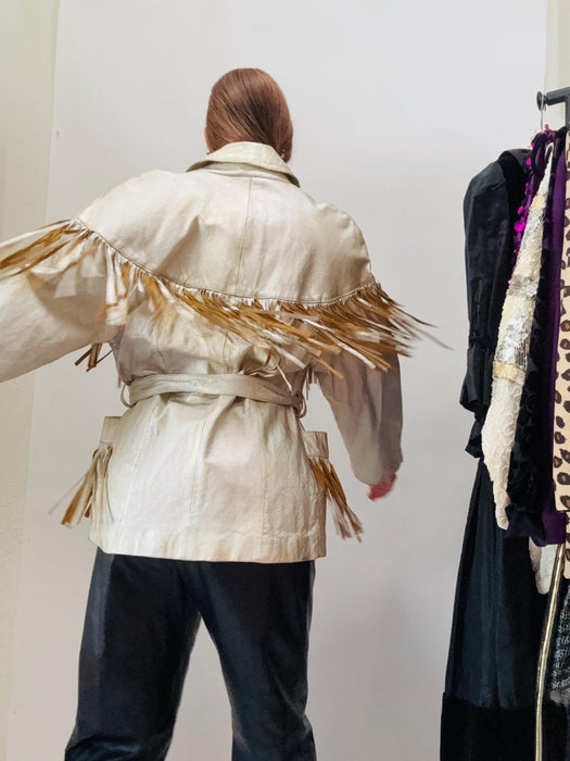 80s 90s Amazing Vintage Faded Gold Silver Fringe Leather Biker Jacket Cowgirl Western Jacket Medium// Metallic Leather Moto Jacket Rodeo