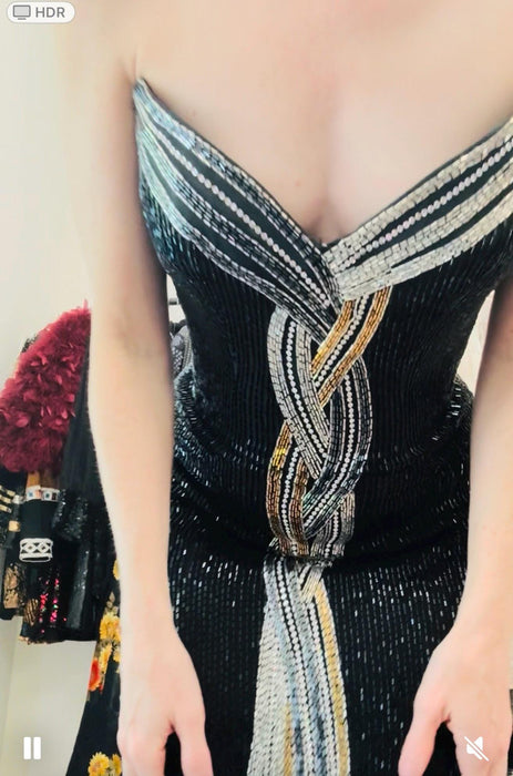 Vintage Bob Mackie 80s 90s Vintage Beaded Sequin Gown Dress By Bob Mackie Black Silver Strapless Black Beaded Gown Cher Dress Small Medium