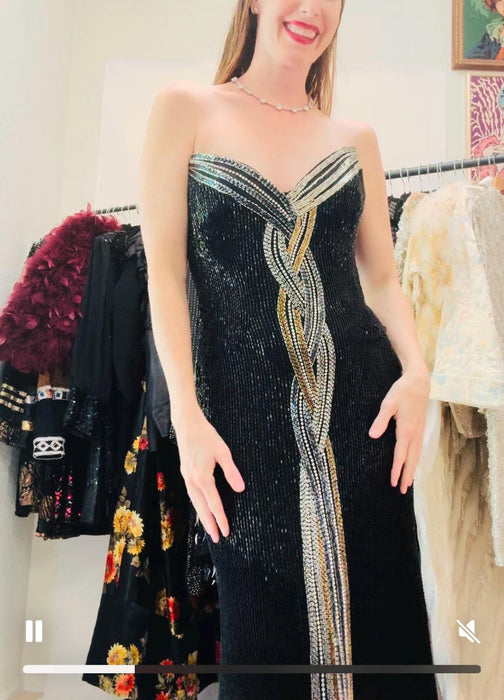 Vintage Bob Mackie 80s 90s Vintage Beaded Sequin Gown Dress By Bob Mackie Black Silver Strapless Black Beaded Gown Cher Dress Small Medium