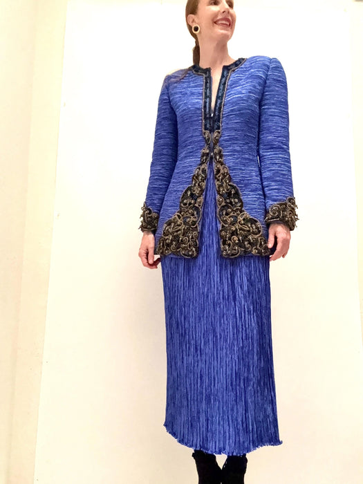 Vintage Mary McFadden Blue Pleated Jacket and Skirt Suit Medium // 90s Vintage Wedding Party Jacket With gold embroidery Pleated Suit Jacket