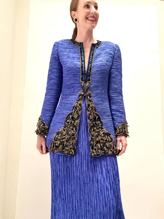Vintage Mary McFadden Blue Pleated Jacket and Skirt Suit Medium // 90s Vintage Wedding Party Jacket With gold embroidery Pleated Suit Jacket