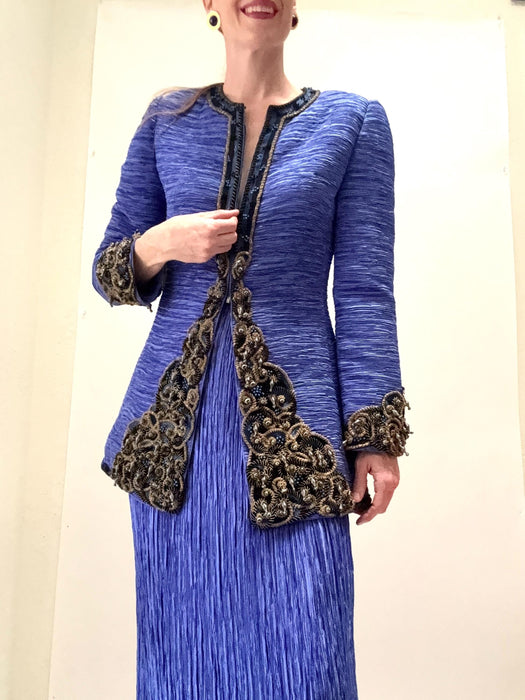 Vintage Mary McFadden Blue Pleated Jacket and Skirt Suit Medium // 90s Vintage Wedding Party Jacket With gold embroidery Pleated Suit Jacket
