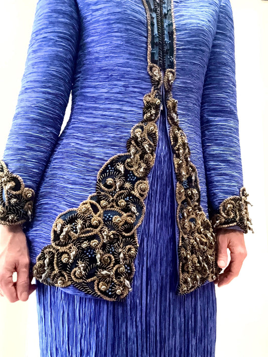 Vintage Mary McFadden Blue Pleated Jacket and Skirt Suit Medium // 90s Vintage Wedding Party Jacket With gold embroidery Pleated Suit Jacket