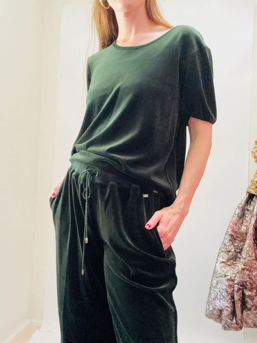 Vintage 90s Green Sonia Rykiel Black Velvet Velour Track Suit Dark Green Sweat Shirt Sweatsuit Jacket Wide leg Pants Made in Paris large XL