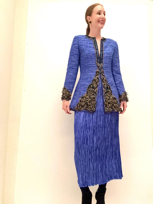 Vintage Mary McFadden Blue Pleated Jacket and Skirt Suit Medium // 90s Vintage Wedding Party Jacket With gold embroidery Pleated Suit Jacket