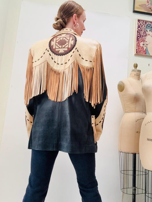 Amazing 80s 90s Vintage Fringe Leather Jacket Western Cowboy Cowgirl Leather Fringe Jacket  By Volcano Small Mens Medium womens Tan Black