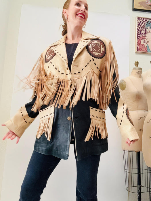 Amazing 80s 90s Vintage Fringe Leather Jacket Western Cowboy Cowgirl Leather Fringe Jacket  By Volcano Small Mens Medium womens Tan Black