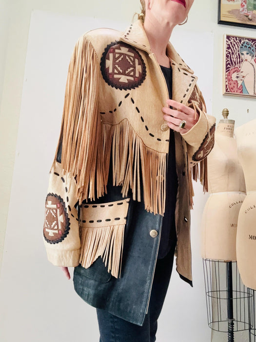 Amazing 80s 90s Vintage Fringe Leather Jacket Western Cowboy Cowgirl Leather Fringe Jacket  By Volcano Small Mens Medium womens Tan Black