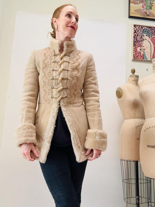 Y2k Vintage Blumarine Jacket Coat Embroidered Shearling Sheepskin Jacket Coat Tan Leather Fur Shearing 2004 Fall Winter BLumarine Jacket
