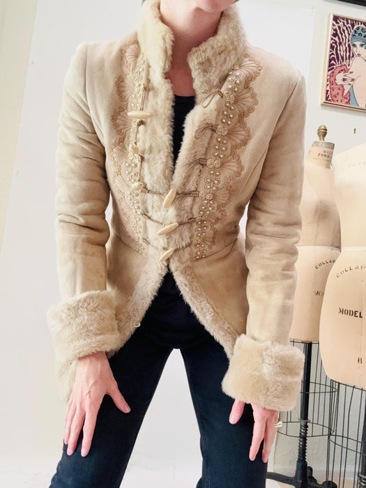 Y2k Vintage Blumarine Jacket Coat Embroidered Shearling Sheepskin Jacket Coat Tan Leather Fur Shearing 2004 Fall Winter BLumarine Jacket