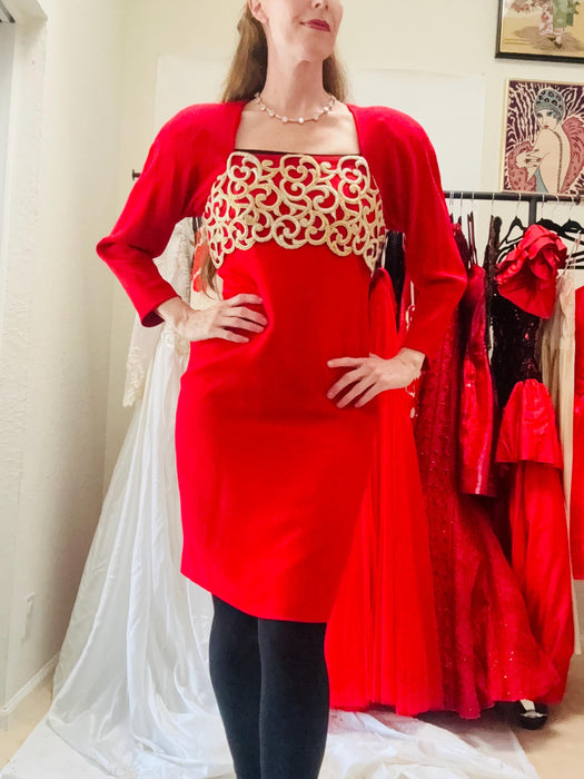 80s Vintage Red Adel Simpson Red Dress Red 80s Party Gold Trim Lace Dress// 80s 90s Red  Party Dress Small Medium Chinese Wedding Dress